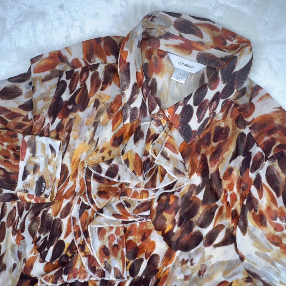 CJ Banks Ruffle Front Blouse Womens XL Multicolor Abstract Animal Print Sheer